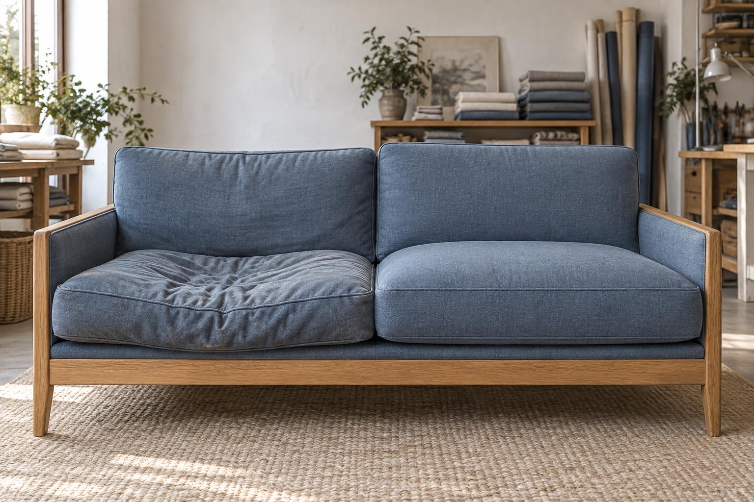 Two sofa seat cushions in the same denim-blue fabric side by side: the left one saggy, sunken and creased; the right one plump, taut and smoothly filled.