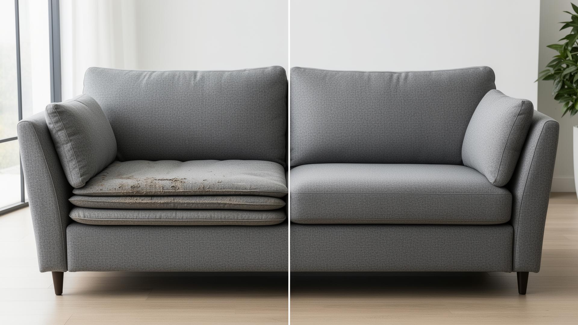 Sofa Cushion Refill — Revive your saggy sofa with custom-cut replacement foam cushions. Before & after transformation.